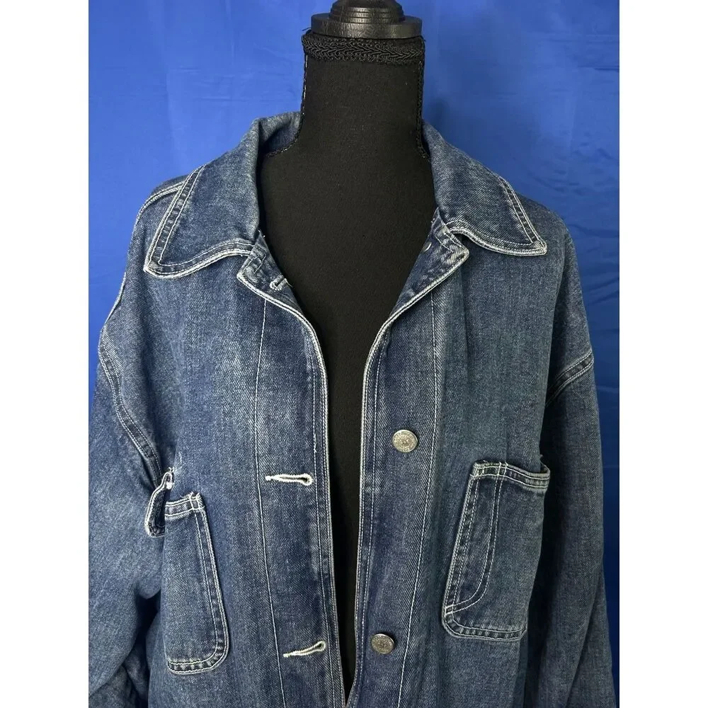 Vtg‎ Jones New York Womens Denim Chore Jacket 2X Classic Barn Plaid Cotton Dark